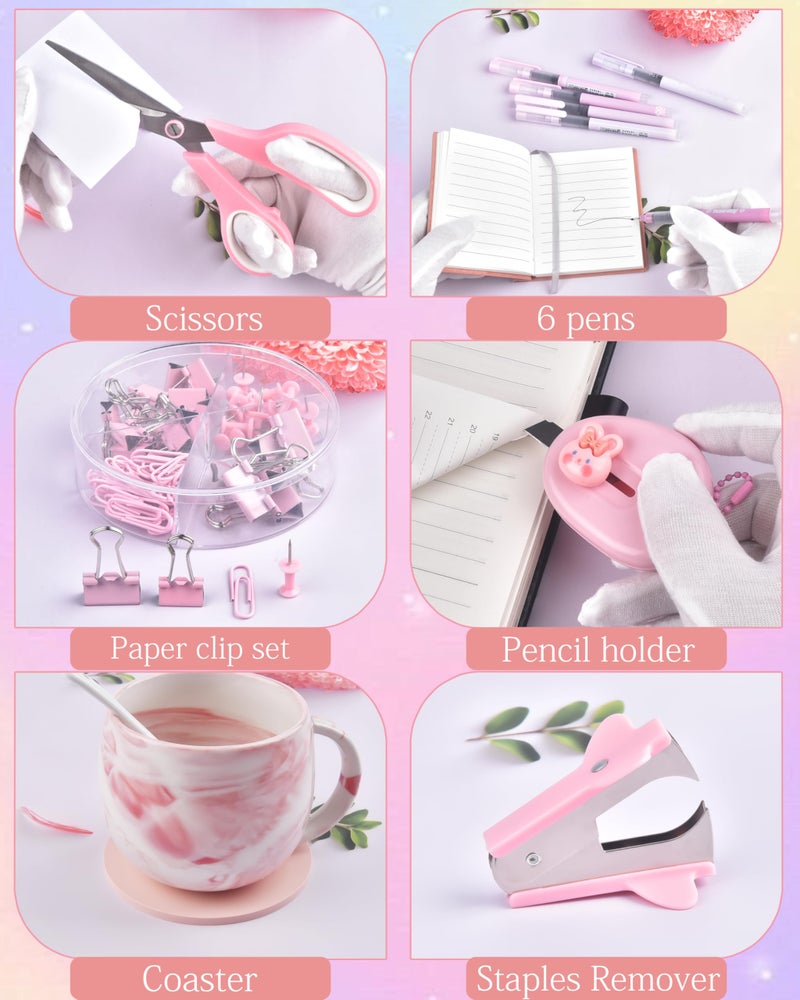 Vamrak Pink Desk Accessories, Pencil case, Stapler, Pen and a Lot of Office Pink Office Supplies Beautifully Presented in a Gift Box - Image 4