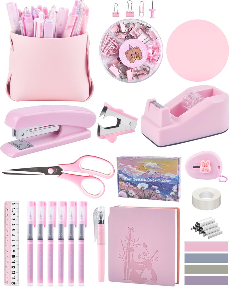 Vamrak Pink Desk Accessories, Pencil case, Stapler, Pen and a Lot of Office Pink Office Supplies Beautifully Presented in a Gift Box - Image 1