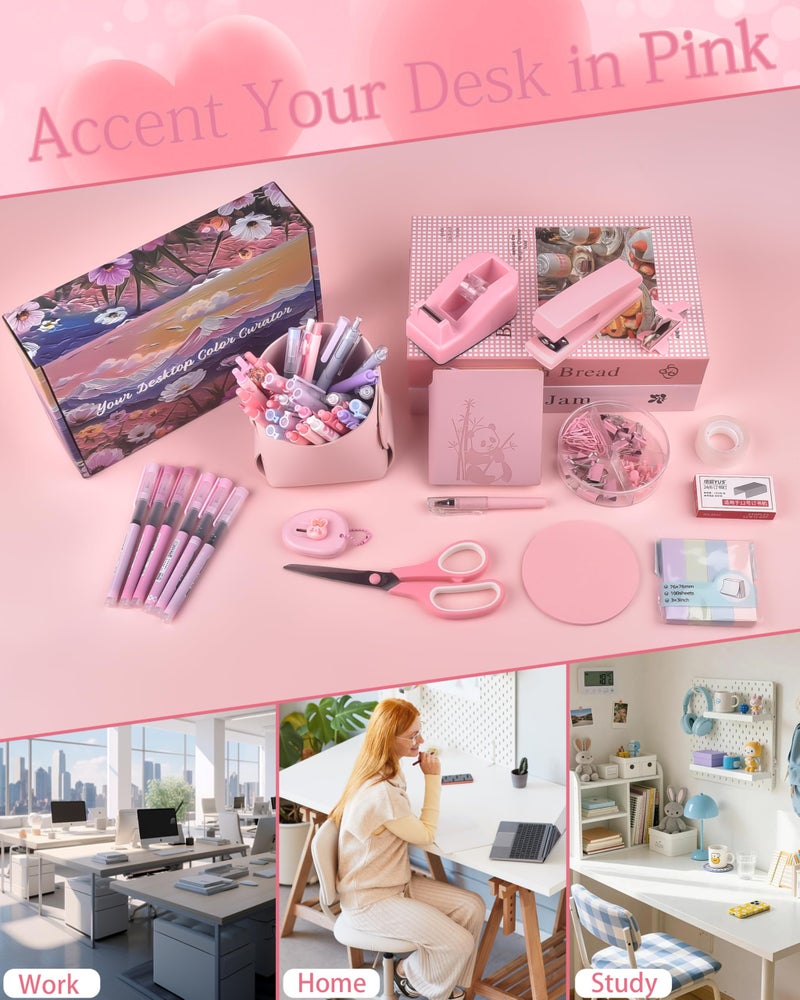 Vamrak Pink Desk Accessories, Pencil case, Stapler, Pen and a Lot of Office Pink Office Supplies Beautifully Presented in a Gift Box - Image 2