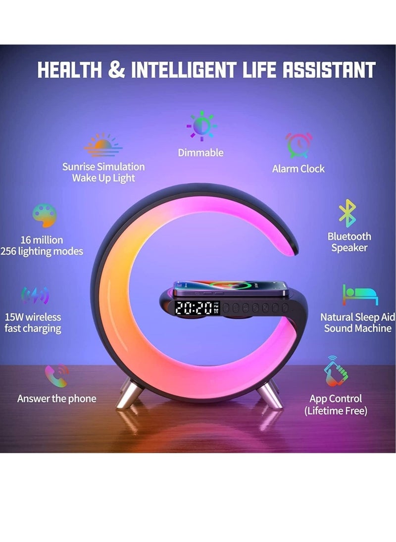 Smart Bluetooth Speaker with Wireless Phone Charger - Multifunctional RGB Night Light & Alarm Clock, App-Controlled Smart Desk Lamp - Image 3