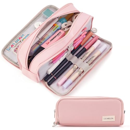 CICIMELON Large Capacity Pencil Case 3 Compartment Pouch Pen Bag for School Teen Girl Boy Men Women (Pink) - Image 1