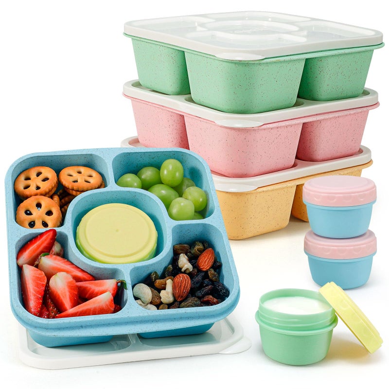 Caperci Original Lunchable Snack Containers for Kids  Adults  5 Compartments Bento Snack Boxes with 4 Leakproof Small Containers Wheat Straw BPAFree Set of 4 Vintage Colors