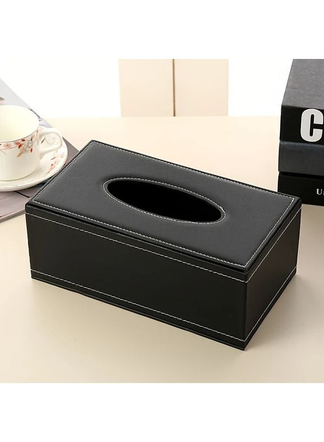 Modern Black Leather Tissue Box Holder Minimalist Square Design 3 Compartments - Image 2