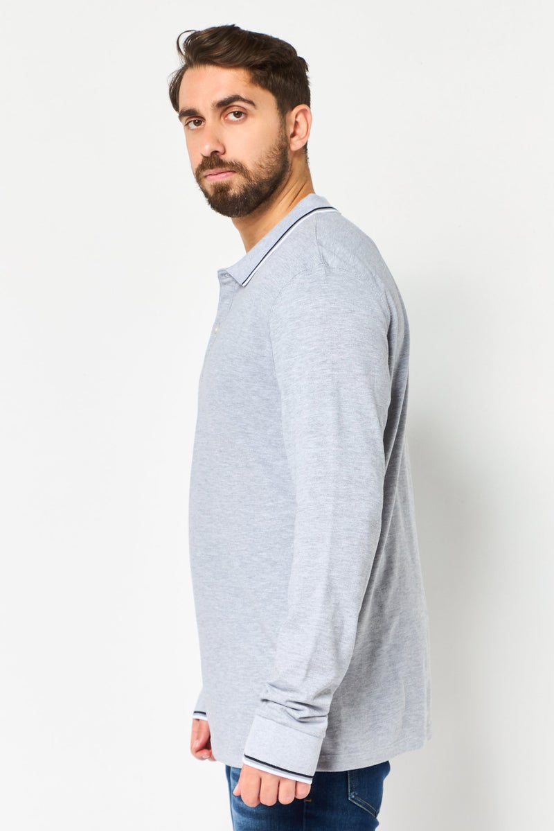 Celio Men Regular Fit Solid Long Sleeves Polo Shirt, Grey - Image 3