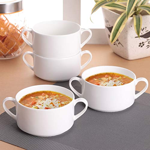 Clay Craft - Premium Ceramic Soup Mug Set - Microwave Safe, Glossy Finish, Double Handle Design, Durable Bowl Cups for Soup & Beverages - White - 460ml Large Capacity (Set of 4) - Image 1