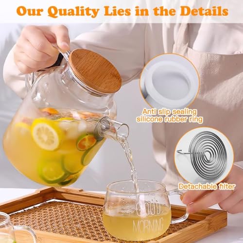 KHOLAD Glass Tea Pot with Removable Filter & Bamboo Lid 1500ml Fruit Infused Water Jar with Handle Stovetop Safe, Microwave Safe Tea Kettle Maker for Blooming and Loose Leaf Tea (1500ML) - Image 2
