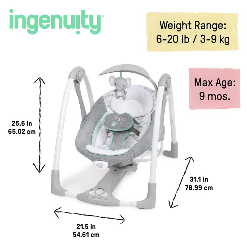 Ingenuity ConvertMe 2-in-1 Compact Portable Automatic Baby Swing & Infant Seat, Battery-Saving Vibrations, Nature Sounds, 0-9 Months 6-20 lbs (Swell) - Image 5