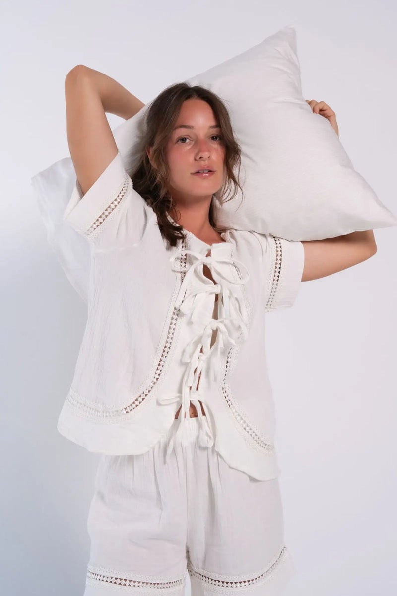 Carina Lace-Up Cotton Pyjama Set - Image 1