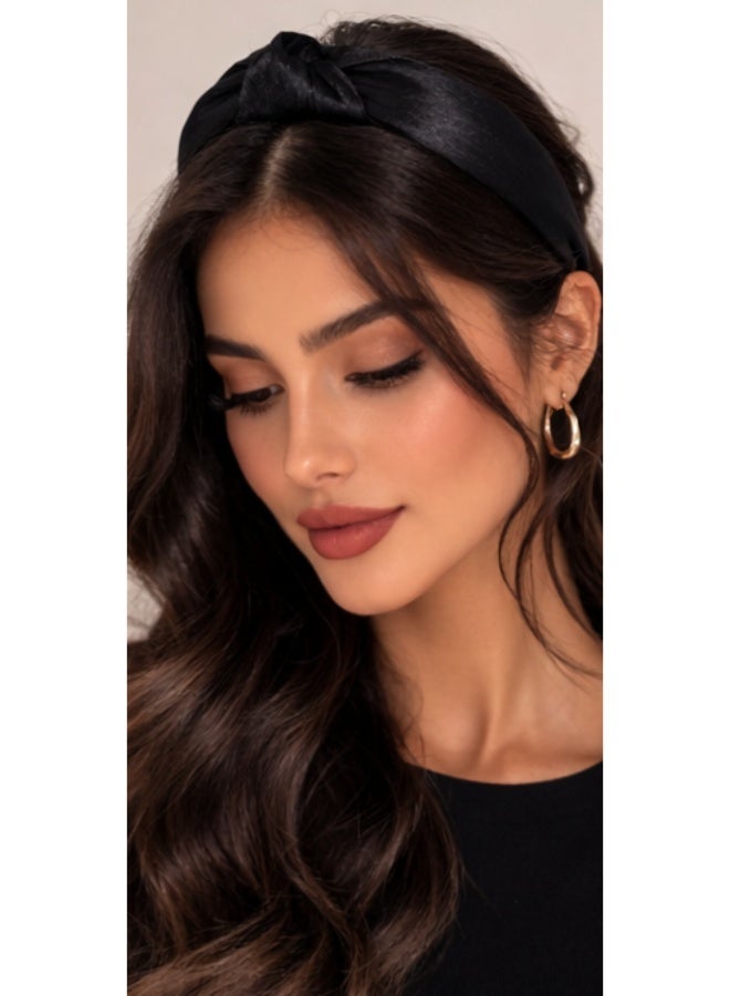 طوق شعر ساتان أسود كلاسيك بعقدة عريضة - Image 3