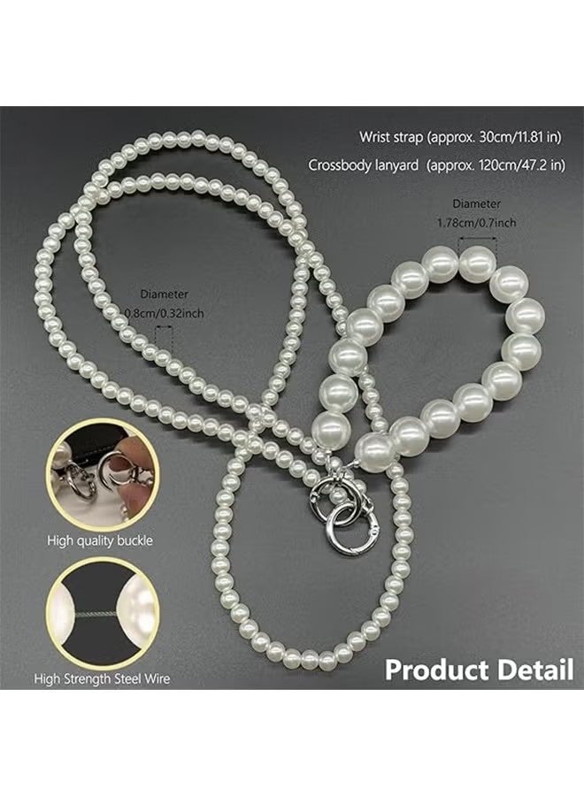 2Pcs Pearl & Beaded Phone Crossbody Lanyard with Wrist Strap,Universal Cell Phone Lanyard and Crossbody Phone Strap for Women,Chain,Includes 1 Tether Tab,for Most Phones, Bags,and Purses - Image 2