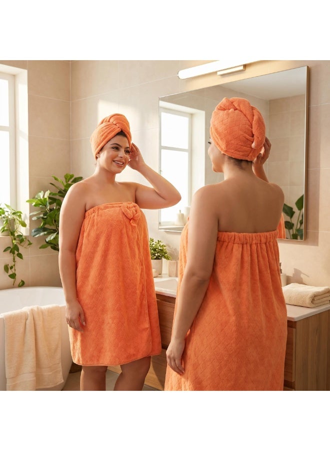 Extra Large Bath Wrap Towel for Women 160-200 lbs, Super Absorbent All in 2 Shower Robe with Button & Velcro, Quick Dry Body Towel Wrap with Hair Turban Set for Adult Ladies, orange - Image 5