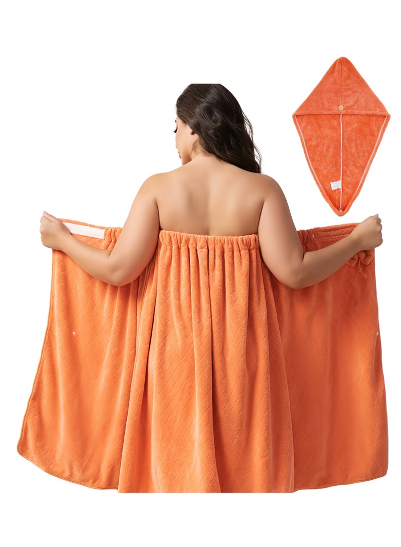 Extra Large Bath Wrap Towel for Women 160-200 lbs, Super Absorbent All in 2 Shower Robe with Button & Velcro, Quick Dry Body Towel Wrap with Hair Turban Set for Adult Ladies, orange - Image 2