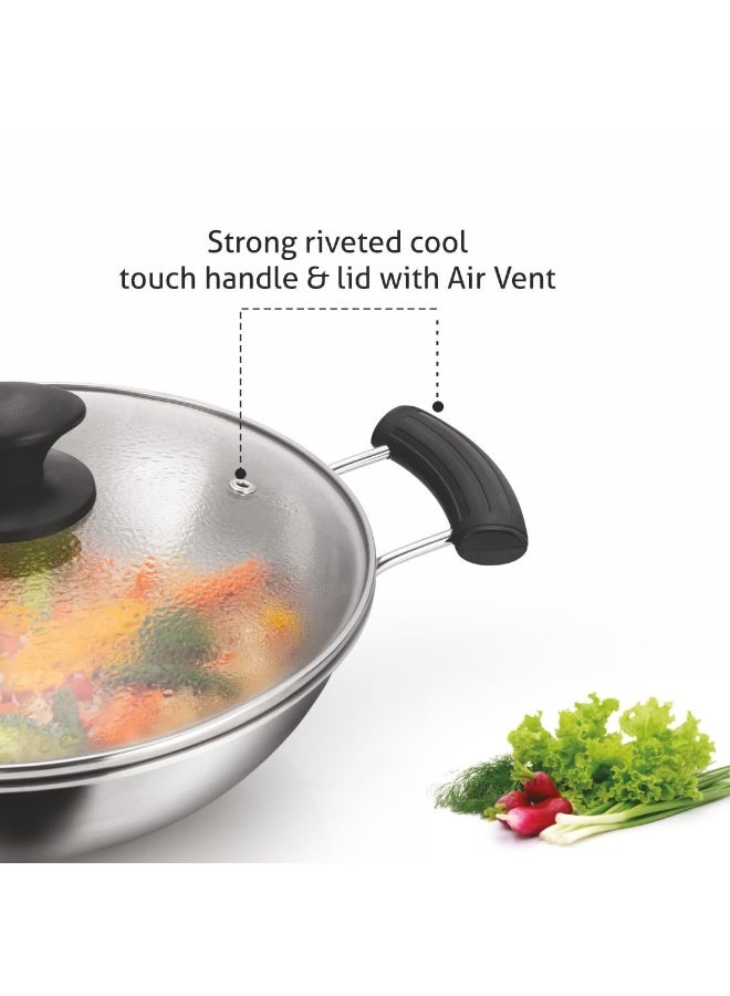Alda Bueno Stainless Steel Cookware Triply Kadhai with Lid | 32cm (6.3L) - Image 3