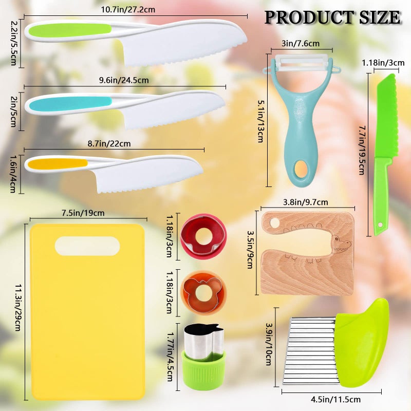 RISICULIS 11 Pieces Wooden Kids Kitchen Knife, Kids Knife Set Include Wood Kids Knife, Serrated Edges Plastic Toddler Knife, Crinkle Cutter, Sandwich Cutter, Y Peeler, Cutting Board - Image 2