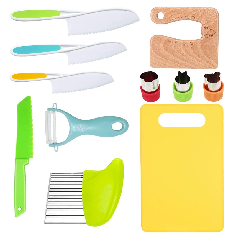 RISICULIS 11 Pieces Wooden Kids Kitchen Knife, Kids Knife Set Include Wood Kids Knife, Serrated Edges Plastic Toddler Knife, Crinkle Cutter, Sandwich Cutter, Y Peeler, Cutting Board - Image 1