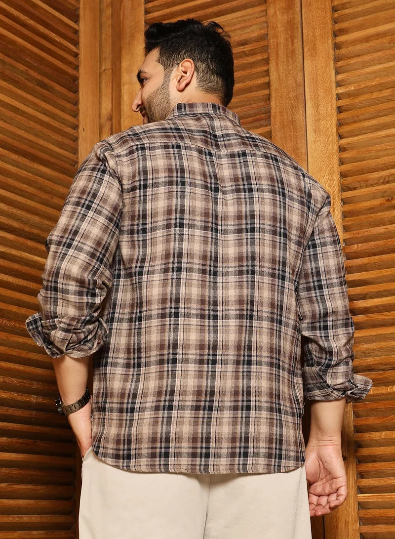 Instafab Plus  Instafab Plus Men's Peanut Brown Button-Down Plaid Regular Shirt | Button-Down Collar , Long Cuffed Sleeves , Button Closure , Curved Hemline | Plaid Plain Cotton-Blend For Street & Casual Wear for Men | Best Price UAE