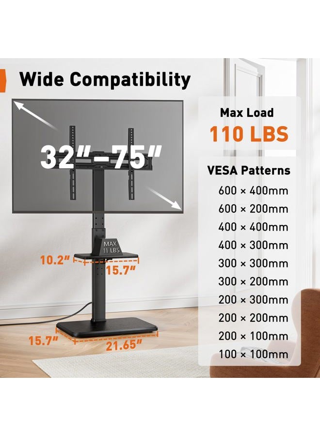 Perlegear Floor TV Stand with Power Outlet, Universal TV Stand for 32-75 inch TVs, Height Adjustable, Swivel, Black Wood Base, Max VESA 600x400mm, PGFS06 - Image 2