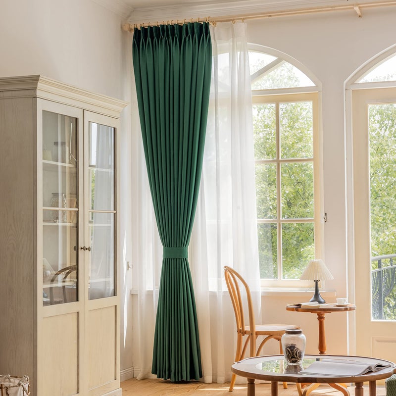 OYRING Dark Emerald Green Blackout Pinch Pleated Curtain with Tieback for Bedroom  Thermal Insulated Boho Pleated Drape for Kitchen  Small Window  38"" W x 63"" L  1 Panel - Image 1