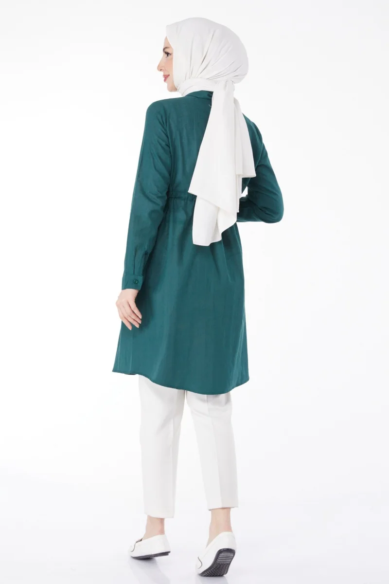 Tofisa Plain Mid Women's Green Waist Tunic with Tunnel Detail - 13157