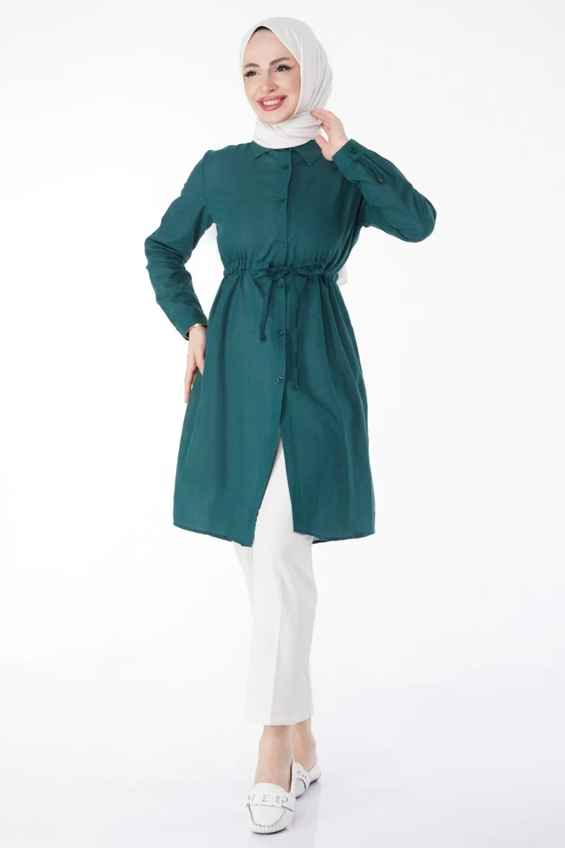 Tofisa Plain Mid Women's Green Waist Tunic with Tunnel Detail - 13157