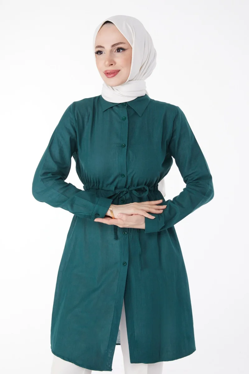 Tofisa Plain Mid Women's Green Waist Tunic with Tunnel Detail - 13157