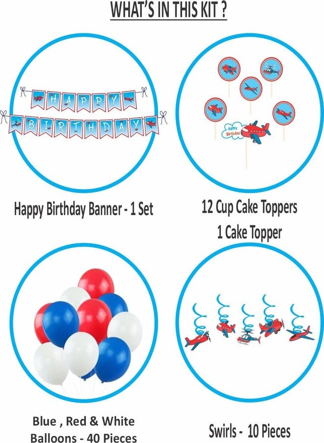 Untumble Aeroplane Birthday Decorations for Boys or Girls | Perfect Aeroplane Theme Decorations With Swirls, Happy Birthday Banner, Balloons, Cake & Cup Cake Toppers | Pack of 64 - Image 2