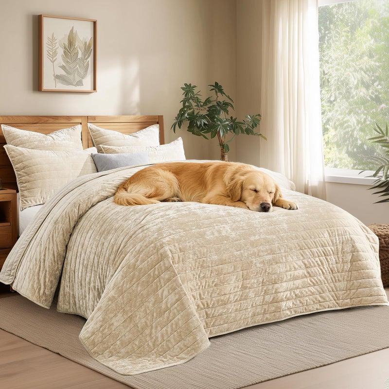 Qucover Velvet Quilt King Size, 106"x98" Oversized King Quilt Bedding Set, Luxury Cream Beige Striped Comforter, Ultra Soft Winter Quilted Bedspread Coverlet for All Seasons - Image 3