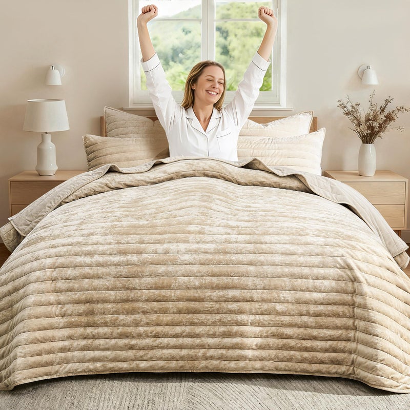 Qucover Velvet Quilt King Size, 106"x98" Oversized King Quilt Bedding Set, Luxury Cream Beige Striped Comforter, Ultra Soft Winter Quilted Bedspread Coverlet for All Seasons - Image 2