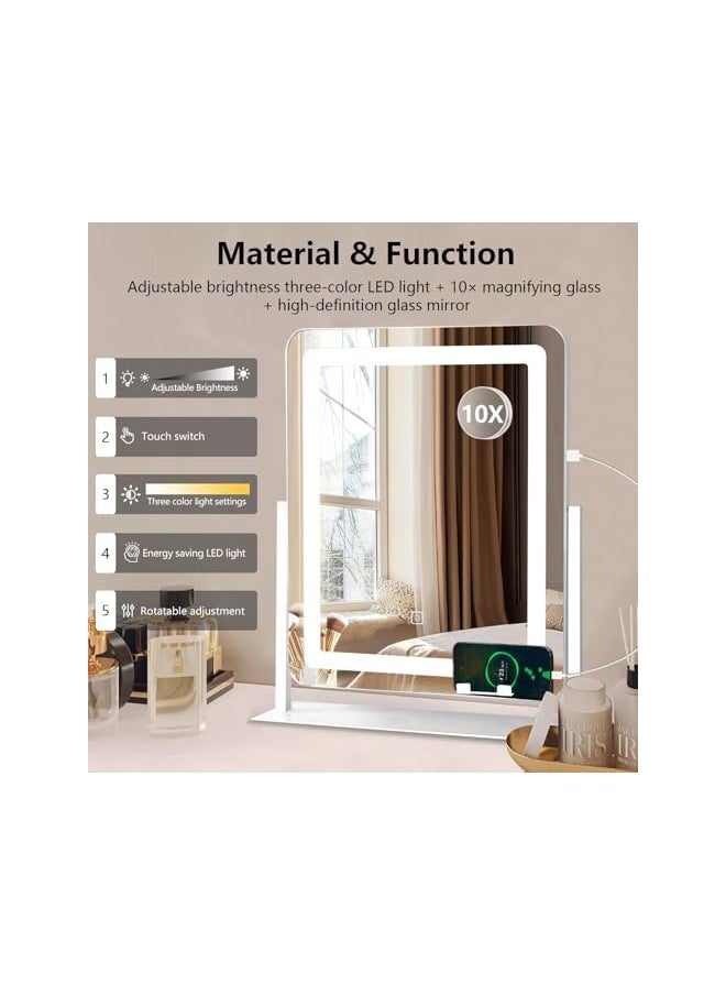 The Bros LED Makeup Mirror with 3-Color Dimmable Lighting & 10x Magnifying Mirror | 360° Rotatable Vanity Mirror with USB Charging Port & Phone Holder | for Bedroom, Salon, Dressing Room (White)  - Image 4