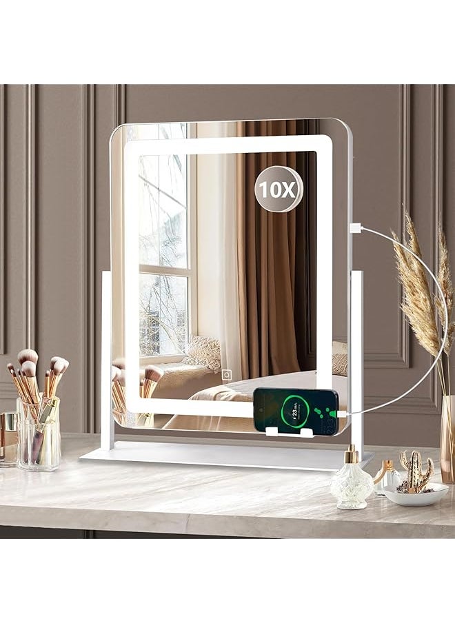 The Bros LED Makeup Mirror with 3-Color Dimmable Lighting & 10x Magnifying Mirror | 360° Rotatable Vanity Mirror with USB Charging Port & Phone Holder | for Bedroom, Salon, Dressing Room (White)  - Image 1