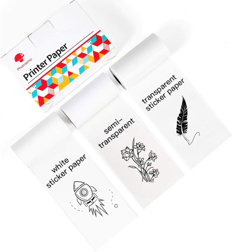 Phomemo Adhesive Thermal Sticker Paper, 50mm-53mm Width, White/Transparent/Semi-Transparent, 112 Sheets, Compatible with Phomemo M02/M03/M04 Series Bluetooth Thermal Pocket Printers - Image 1