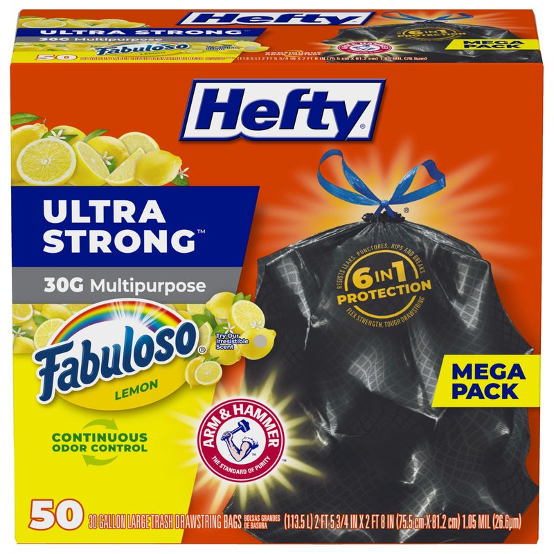 Hefty Ultra Strong 30 Gallon Trash Bags, Large Trash Bags 30 Gallon Size, Multipurpose, Break Resistant Drawstring Closure, Resists Leaks, Punctures, and Tears, Black, Fabuloso Lemon Scent, 50 Bags - Image 1