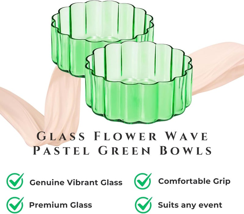 Khen Glass Flower Wave Colored Bowls  Set of 2  Vintage Pastel Green Colors 47 Dinner or Dessert Bowl  Appetizer Plate Snack Fruit Wavy Serveware  Vintage Art Deco Hand Wash Housewarming gift - Image 2