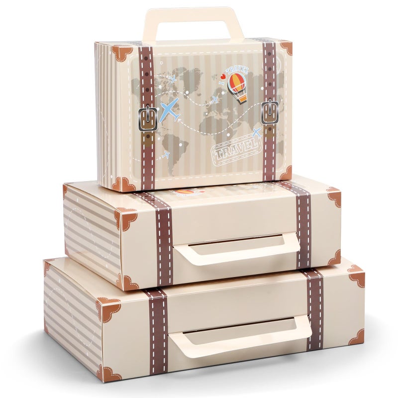Weekgrat 6 Pcs Large Vintage Travel Suitcase Box Travel Party Decorations Paperboard Suitcases Gift Box Decorative Set of 3 Small Stackable Storage Chests Decor for Themed Party FavorsJourneyBeige