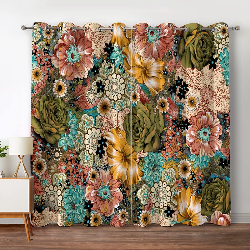 Jekeno Boho Floral Blackout Curtains Colorful Flowers Bohemian Decor for Bedroom Living Room Grommet Window Drapes 2 Panel Set  42""x63"" - Image 1