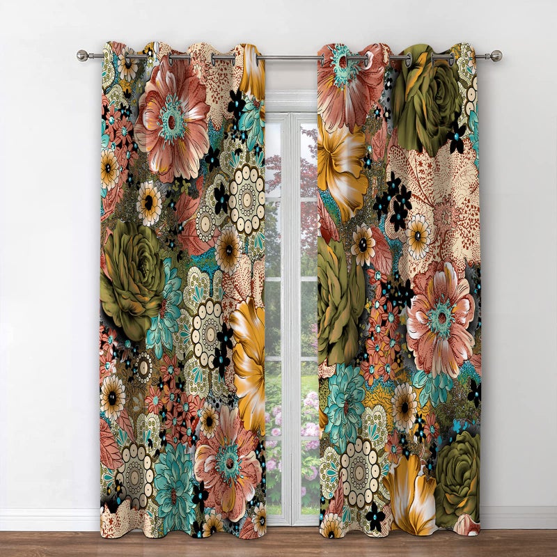 Jekeno Boho Floral Blackout Curtains Colorful Flowers Bohemian Decor for Bedroom Living Room Grommet Window Drapes 2 Panel Set  42""x63"" - Image 2