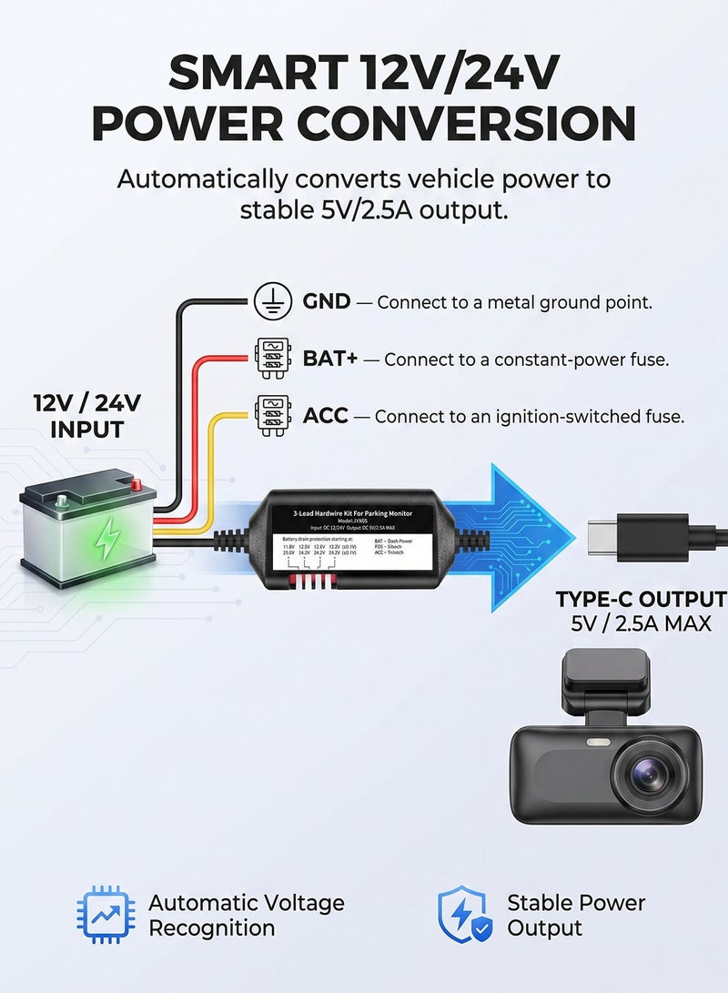 ULHYC 24H Parking Monitor Type C Dash Cam Hardwire Kit, 12ft 3-Lead ACC with Fuse Kit, 12V-24V to 5V/2.5A Low Voltage Protection for M550 M580 M660 M01Pro PG17 GS63HPro - Image 3