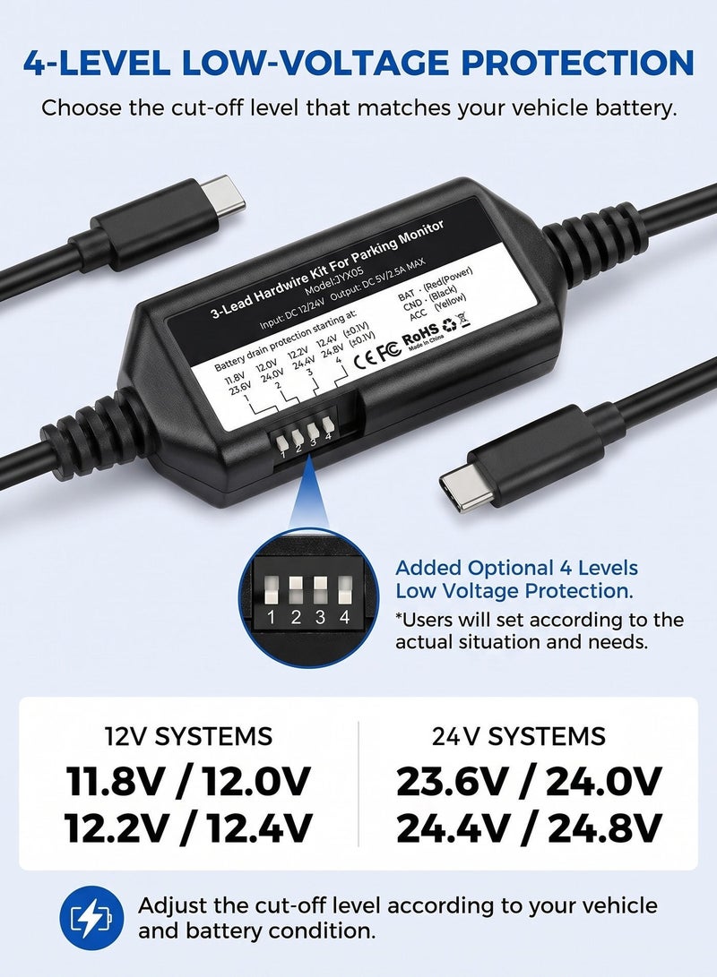 ULHYC 24H Parking Monitor Type C Dash Cam Hardwire Kit, 12ft 3-Lead ACC with Fuse Kit, 12V-24V to 5V/2.5A Low Voltage Protection for M550 M580 M660 M01Pro PG17 GS63HPro - Image 2