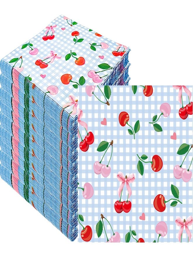 HSPAIDYP 50Pack Blue Gingham Cherry Napkins Cherry Birthday Party Supplies Pink Bows Napkins Gingham Cocktail Napkins for Baby Shower Bachelorette Decorations Cherry Theme Birthday Party Decor (50) - Image 1