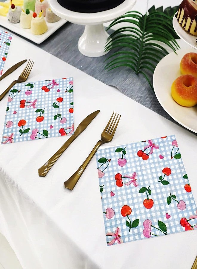 HSPAIDYP 50Pack Blue Gingham Cherry Napkins Cherry Birthday Party Supplies Pink Bows Napkins Gingham Cocktail Napkins for Baby Shower Bachelorette Decorations Cherry Theme Birthday Party Decor (50) - Image 3