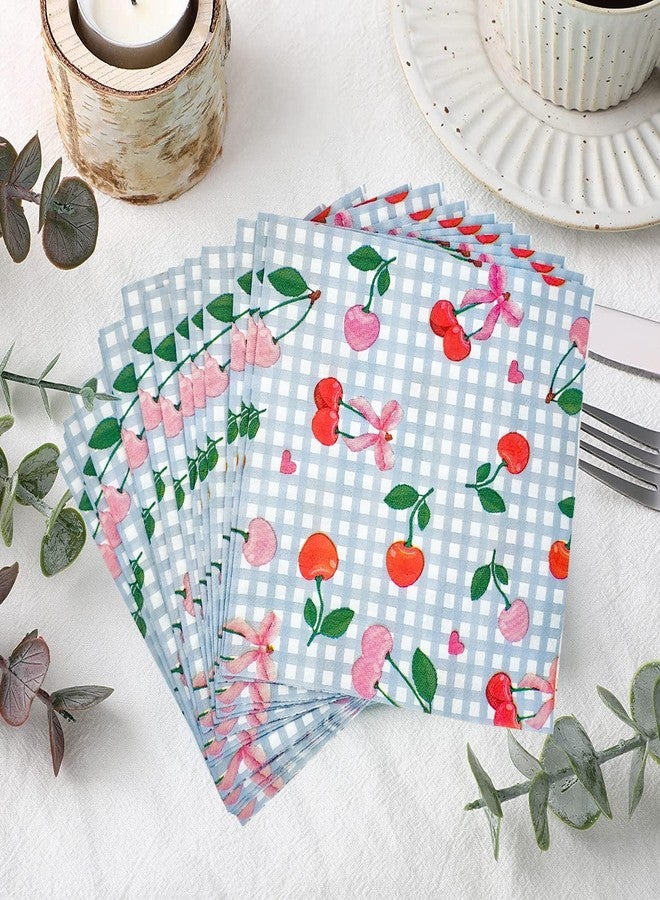 HSPAIDYP 50Pack Blue Gingham Cherry Napkins Cherry Birthday Party Supplies Pink Bows Napkins Gingham Cocktail Napkins for Baby Shower Bachelorette Decorations Cherry Theme Birthday Party Decor (50) - Image 2