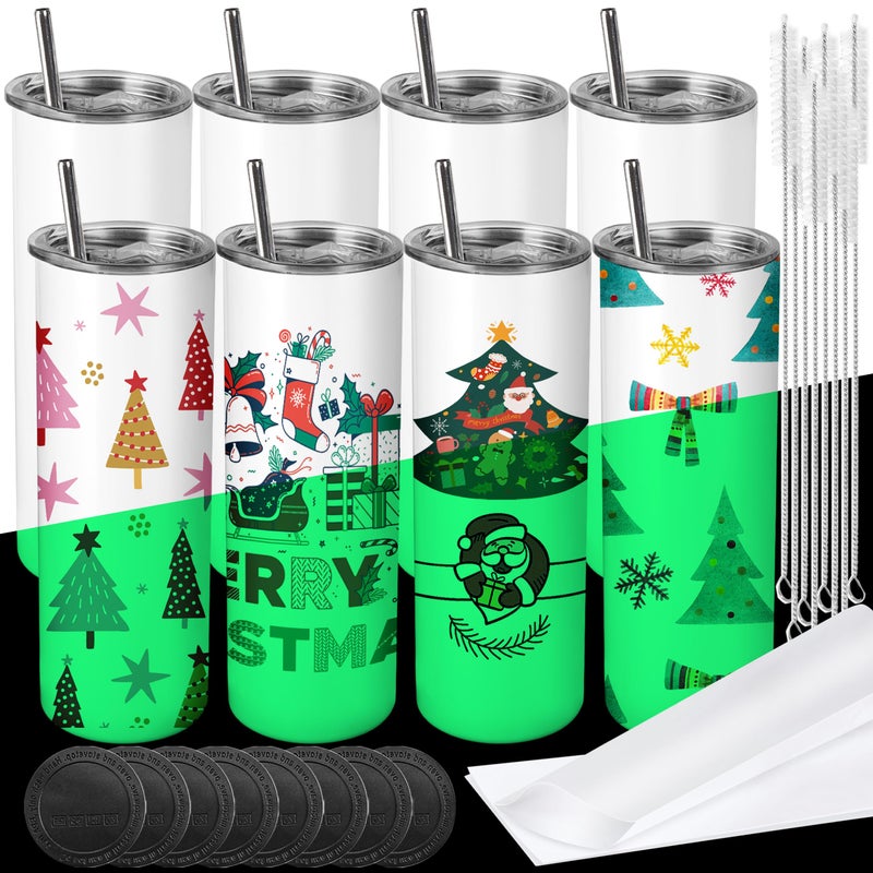 Joyclub Joyclub 8 Pack Sublimation Tumblers Glow in the Dark 20 oz Bulk Blank Tumblers Skinny Straight Flat Bottom Cups White with Lid and Straw