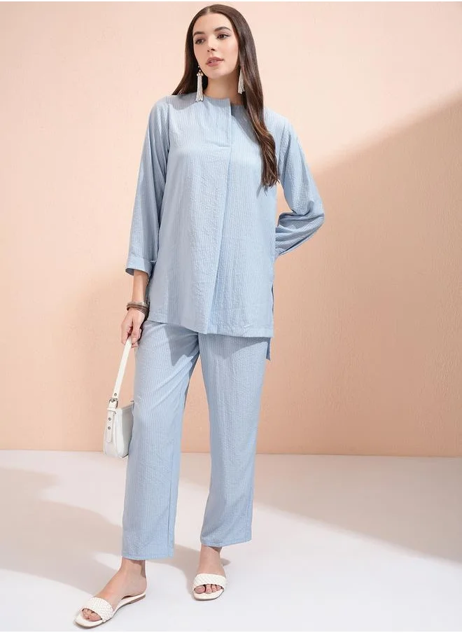 Vishudh Textured Round Neck Longline Tunic and Mid Rise Pants Co-Ords by Styli