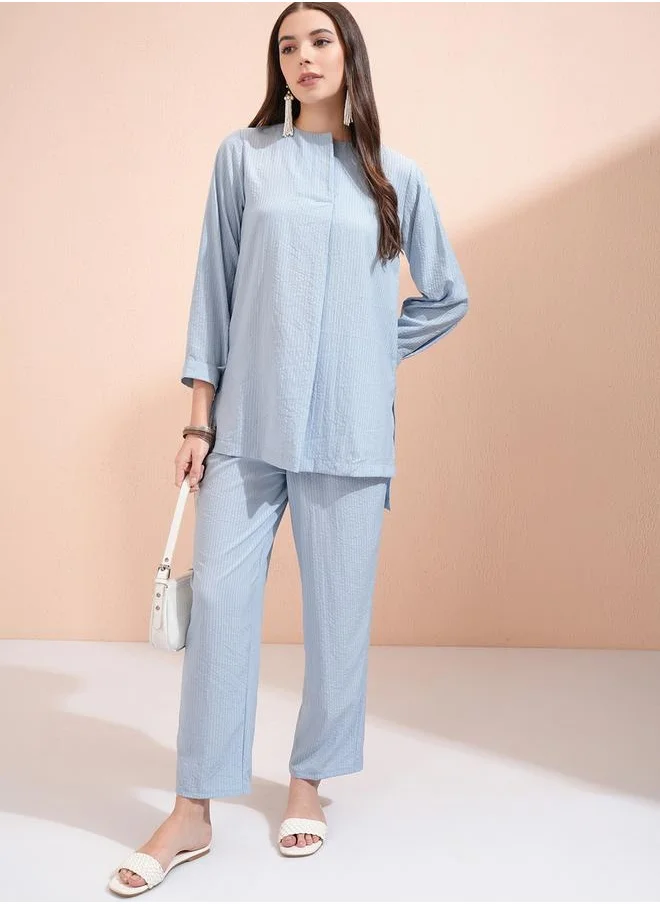 Vishudh Textured Round Neck Longline Tunic and Mid Rise Pants Co-Ords by Styli