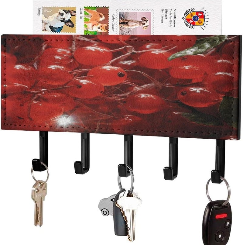 Red Fruits and Leaves Key Holder for Wall Mount Key Organizer Rack Fashion Key Hanger with 5 Hooks PU Key Rack with Self Adhesive Personalized Key Hooks for Indoor Decor - Image 1