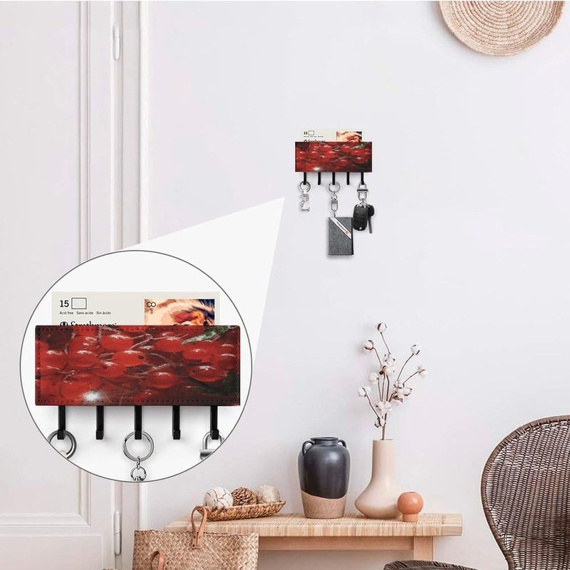 Red Fruits and Leaves Key Holder for Wall Mount Key Organizer Rack Fashion Key Hanger with 5 Hooks PU Key Rack with Self Adhesive Personalized Key Hooks for Indoor Decor - Image 4