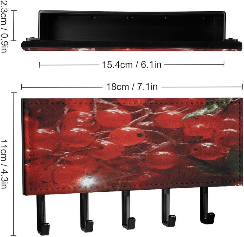 Red Fruits and Leaves Key Holder for Wall Mount Key Organizer Rack Fashion Key Hanger with 5 Hooks PU Key Rack with Self Adhesive Personalized Key Hooks for Indoor Decor - Image 2