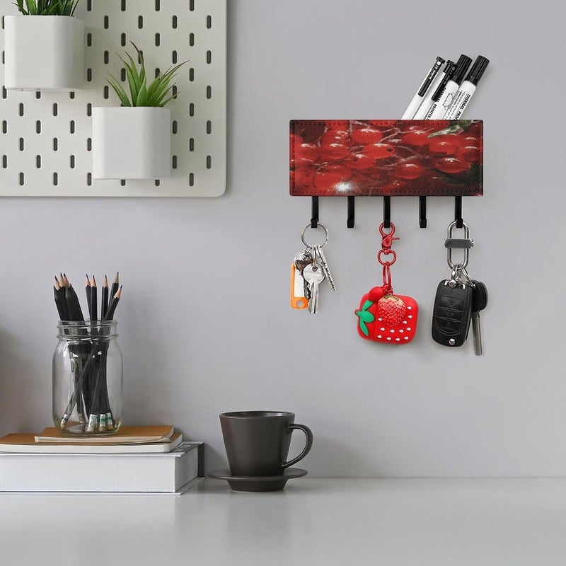 Red Fruits and Leaves Key Holder for Wall Mount Key Organizer Rack Fashion Key Hanger with 5 Hooks PU Key Rack with Self Adhesive Personalized Key Hooks for Indoor Decor - Image 5