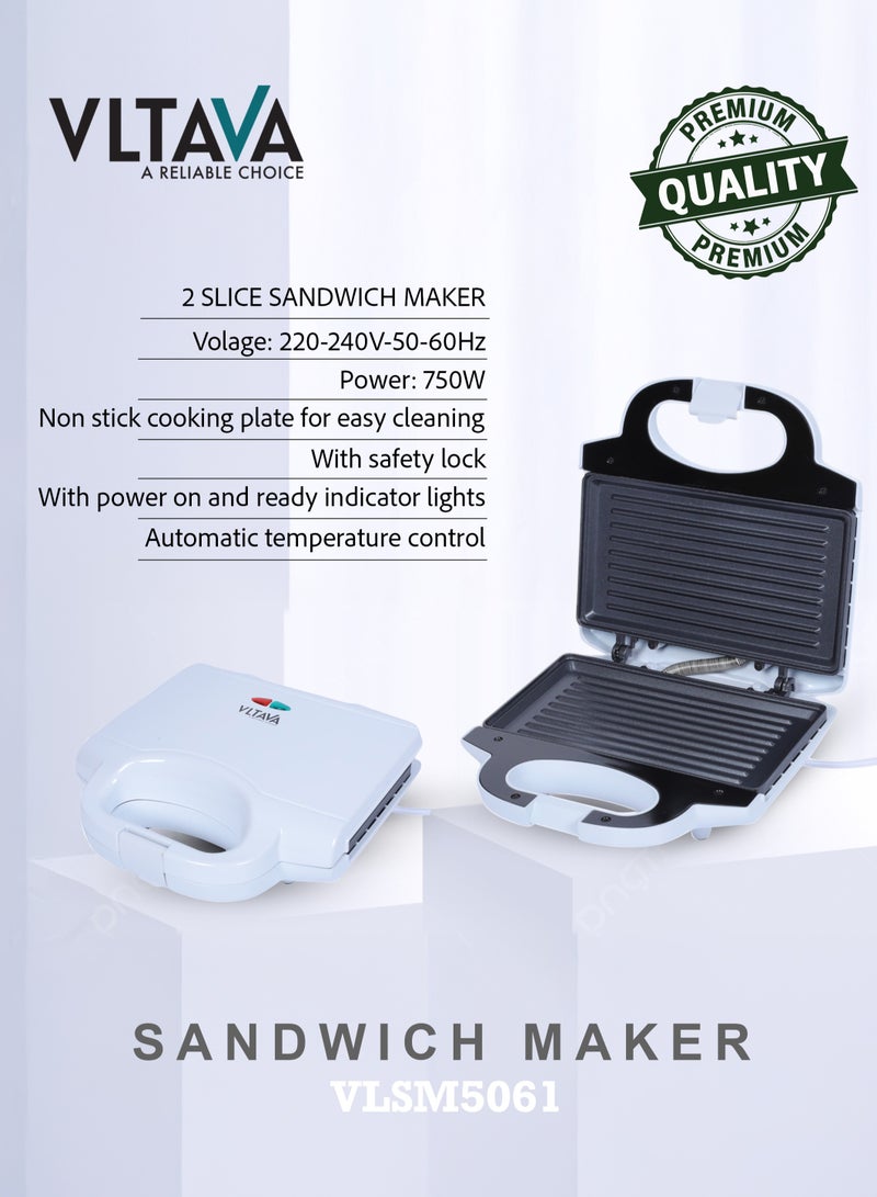 VLTAVA 2 Slice Grill Maker – Non-Stick Sandwich Maker with Handle Locking System, Indicator Light, Overheat Protection (750W) VLSM5061 White/Black - Image 3