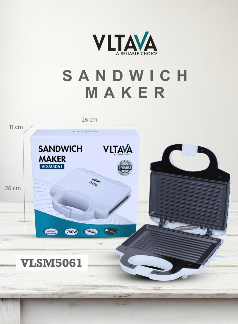 VLTAVA 2 Slice Grill Maker – Non-Stick Sandwich Maker with Handle Locking System, Indicator Light, Overheat Protection (750W) VLSM5061 White/Black - Image 5